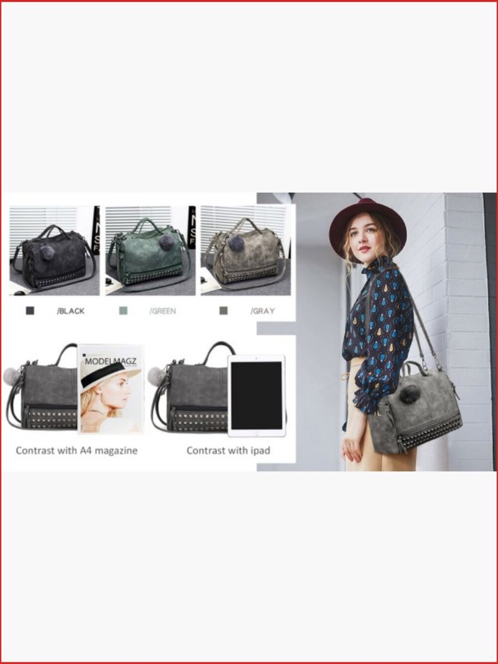 Studded Tote Bag with Removable Strap PU Leather Hobo Satchel - Picture 7 of 7